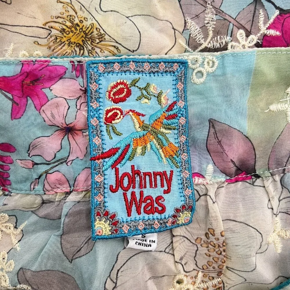 NWOT JOHNNY WAS Permint Padme Embroidered Floral Puff Sleeves Tunic Blouse Sz S